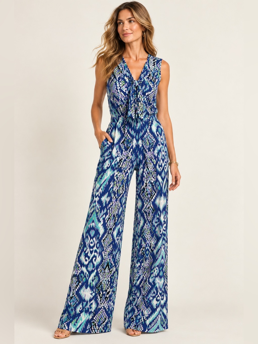 NWT Hale Bob Navy Ikat Wide Leg Jumpsuit XS Tie Neck 34.5 Inseam